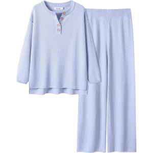 imageANRABESS Women 2 Piece Outfits Oversized Loose Waffle Knit Sweater Set 2025 Fall Trendy Matching Lounge Sets Cozy ClothesSky Blue