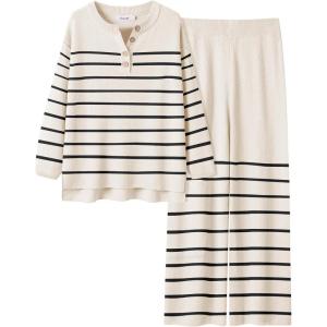 imageANRABESS Women 2 Piece Outfits Oversized Loose Waffle Knit Sweater Set 2025 Fall Trendy Matching Lounge Sets Cozy ClothesStripes Khaki