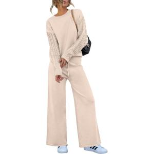 imageANRABESS Women 2 Piece Outfits Sweater Sets Cable Knit Long Sleeve Pullover and Wide Leg Pants Tracksuit Lounge Matching SetApricot