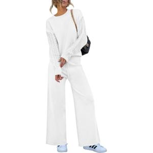 imageANRABESS Women 2 Piece Outfits Sweater Sets Cable Knit Long Sleeve Pullover and Wide Leg Pants Tracksuit Lounge Matching SetCream White