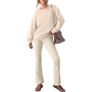 imageANRABESS Women 2 Piece Sweatsuits Lounge Set Oversized Fleece Crewneck Sweatshirts Flare Pants 2025 Fall Outfits ClothesBeige