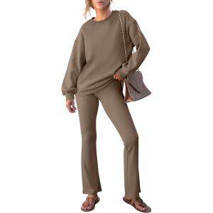 imageANRABESS Women 2 Piece Sweatsuits Lounge Set Oversized Fleece Crewneck Sweatshirts Flare Pants 2025 Fall Outfits ClothesBrown