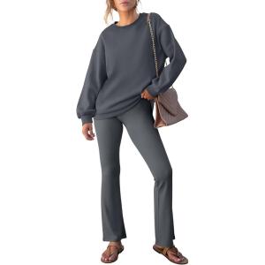 imageANRABESS Women 2 Piece Sweatsuits Lounge Set Oversized Fleece Crewneck Sweatshirts Flare Pants 2025 Fall Outfits ClothesDeep Grey
