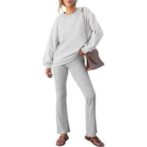 imageANRABESS Women 2 Piece Sweatsuits Lounge Set Oversized Fleece Crewneck Sweatshirts Flare Pants 2025 Fall Outfits ClothesGrey