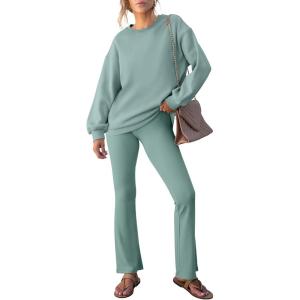 imageANRABESS Women 2 Piece Sweatsuits Lounge Set Oversized Fleece Crewneck Sweatshirts Flare Pants 2025 Fall Outfits ClothesLightgreen