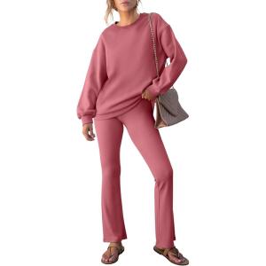 imageANRABESS Women 2 Piece Sweatsuits Lounge Set Oversized Fleece Crewneck Sweatshirts Flare Pants 2025 Fall Outfits ClothesPeach