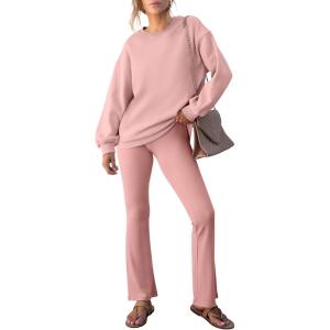 imageANRABESS Women 2 Piece Sweatsuits Lounge Set Oversized Fleece Crewneck Sweatshirts Flare Pants 2025 Fall Outfits ClothesPink