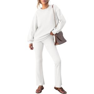 imageANRABESS Women 2 Piece Sweatsuits Lounge Set Oversized Fleece Crewneck Sweatshirts Flare Pants 2025 Fall Outfits ClothesWhite
