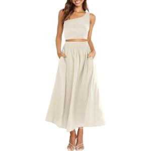 imageANRABESS Womens 2 Pieces Outfits One Shoulder Smocked Crop Top ampamp High Waist Long Skirt Dress Set with PocketsBeige