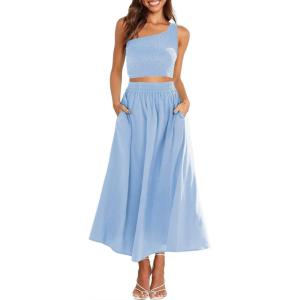 imageANRABESS Womens 2 Pieces Outfits One Shoulder Smocked Crop Top ampamp High Waist Long Skirt Dress Set with PocketsBlue