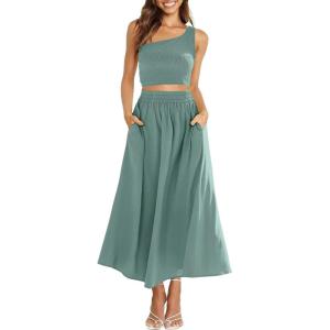 imageANRABESS Womens 2 Pieces Outfits One Shoulder Smocked Crop Top ampamp High Waist Long Skirt Dress Set with PocketsCyan