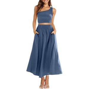 imageANRABESS Womens 2 Pieces Outfits One Shoulder Smocked Crop Top ampamp High Waist Long Skirt Dress Set with PocketsDeep Blue