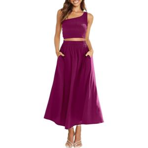 imageANRABESS Womens 2 Pieces Outfits One Shoulder Smocked Crop Top ampamp High Waist Long Skirt Dress Set with PocketsFushia