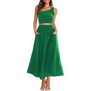 imageANRABESS Womens 2 Pieces Outfits One Shoulder Smocked Crop Top ampamp High Waist Long Skirt Dress Set with PocketsGreen