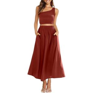 imageANRABESS Womens 2 Pieces Outfits One Shoulder Smocked Crop Top ampamp High Waist Long Skirt Dress Set with PocketsMaroon
