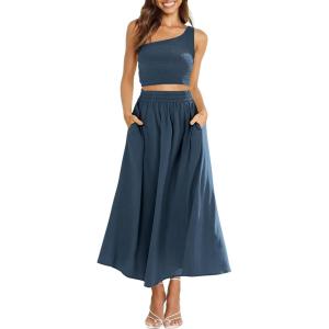 imageANRABESS Womens 2 Pieces Outfits One Shoulder Smocked Crop Top ampamp High Waist Long Skirt Dress Set with PocketsNavy Blue