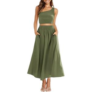 imageANRABESS Womens 2 Pieces Outfits One Shoulder Smocked Crop Top ampamp High Waist Long Skirt Dress Set with PocketsOlive
