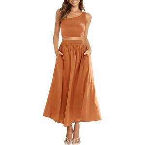 imageANRABESS Womens 2 Pieces Outfits One Shoulder Smocked Crop Top ampamp High Waist Long Skirt Dress Set with PocketsOrange