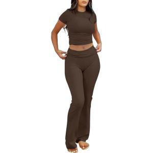 imageANRABESS Lounge Sets for Women 2 Piece Foldover Yoga Flare Leggings Pants Crop Tops Casual Y2K Outfits Matching Tracksuit SetDeep Coffee