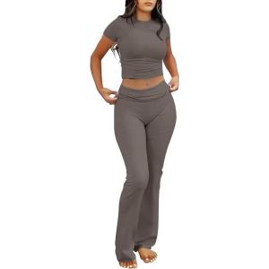 imageANRABESS Lounge Sets for Women 2 Piece Foldover Yoga Flare Leggings Pants Crop Tops Casual Y2K Outfits Matching Tracksuit SetDeep Gray