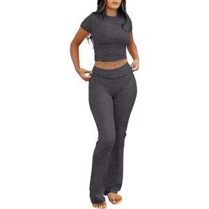 imageANRABESS Lounge Sets for Women 2 Piece Foldover Yoga Flare Leggings Pants Crop Tops Casual Y2K Outfits Matching Tracksuit SetGray