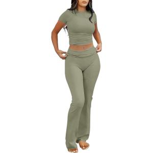 imageANRABESS Lounge Sets for Women 2 Piece Foldover Yoga Flare Leggings Pants Crop Tops Casual Y2K Outfits Matching Tracksuit SetOlive
