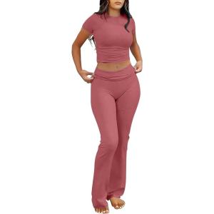 imageANRABESS Lounge Sets for Women 2 Piece Foldover Yoga Flare Leggings Pants Crop Tops Casual Y2K Outfits Matching Tracksuit SetPeach