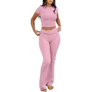 imageANRABESS Lounge Sets for Women 2 Piece Foldover Yoga Flare Leggings Pants Crop Tops Casual Y2K Outfits Matching Tracksuit SetPink