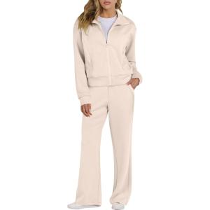 imageANRABESS Lounge Sets for Women 2 Piece Outfits Sweatsuit Fall Zip Up Sweatshirts Wide Leg Pants Matching Sweat Set TracksuitAlmond