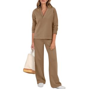 imageANRABESS Lounge Sets for Women 2 Piece Outfits Sweatsuit Set Fall V Neck Sweatshirts Wide Leg Pants Tracksuits Orange Medium