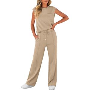 imageANRABESS Women 2 Piece Set Sleeveless Sweatsuit Tracksuit Casual Matching 2025 Travel Summer Trendy OutfitsKhaki