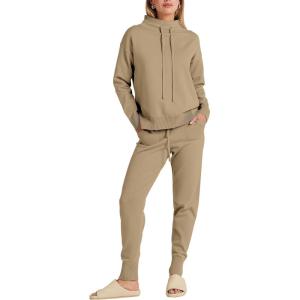 imageANRABESS Women Two Piece Outfits Turtleneck Pullover Top Cozy Knit Sweater Pants Lounge Set 2024 Fall Sweatsuit SweatsuitsKhaki