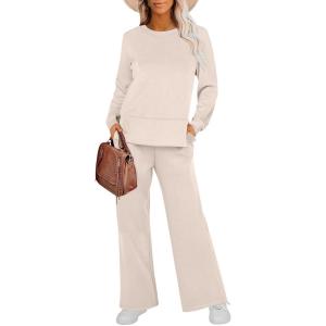 imageANRABESS Womens 2 Piece Lounge Sets Sweatsuit Travel Outfits Wide Leg Pants Set 2024 Fall Fashion Tracksuit ClothesApricot