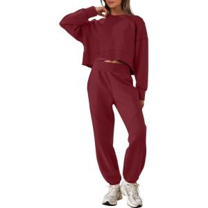 imageANRABESS Womens 2 Piece Outfits Lounge Sets Cropped Sweatshirt ampamp Joggers Fashion Sweatsuit Sweat Set 2024 Fall TravelRed