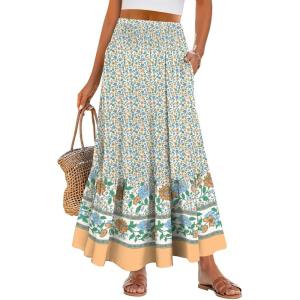 imageANRABESS Womens Boho Maxi Skirts 2025 Summer Casual ALine Flowy Swing Elastic High Waist Tiered Long Skirt with PocketsBlue Floral