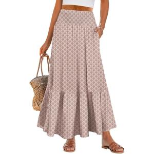 imageANRABESS Womens Boho Maxi Skirts 2025 Summer Casual ALine Flowy Swing Elastic High Waist Tiered Long Skirt with PocketsBrown Khaki