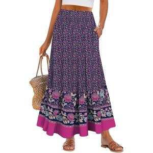 imageANRABESS Womens Boho Maxi Skirts 2025 Summer Casual ALine Flowy Swing Elastic High Waist Tiered Long Skirt with PocketsDeep Purple Floral