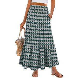 imageANRABESS Womens Boho Maxi Skirts 2025 Summer Casual ALine Flowy Swing Elastic High Waist Tiered Long Skirt with PocketsFloral Dark Green