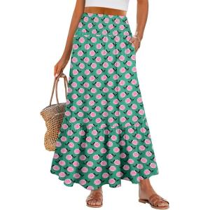 imageANRABESS Womens Boho Maxi Skirts 2025 Summer Casual ALine Flowy Swing Elastic High Waist Tiered Long Skirt with PocketsGreen
