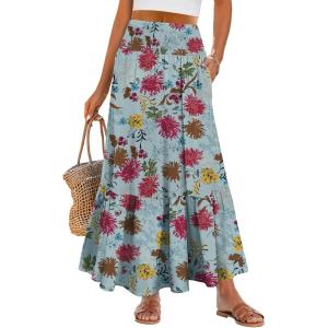 imageANRABESS Womens Boho Maxi Skirts 2025 Summer Casual ALine Flowy Swing Elastic High Waist Tiered Long Skirt with PocketsGreen Floral