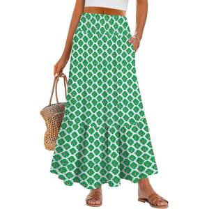 imageANRABESS Womens Boho Maxi Skirts 2025 Summer Casual ALine Flowy Swing Elastic High Waist Tiered Long Skirt with PocketsLight Green