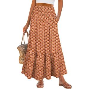 imageANRABESS Womens Boho Maxi Skirts 2025 Summer Casual ALine Flowy Swing Elastic High Waist Tiered Long Skirt with PocketsOrange