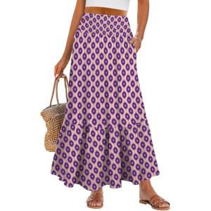 imageANRABESS Womens Boho Maxi Skirts 2025 Summer Casual ALine Flowy Swing Elastic High Waist Tiered Long Skirt with PocketsPurple Floral
