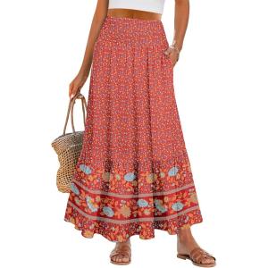 imageANRABESS Womens Boho Maxi Skirts 2025 Summer Casual ALine Flowy Swing Elastic High Waist Tiered Long Skirt with PocketsRed Blue Floral