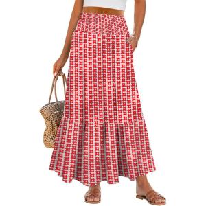 imageANRABESS Womens Boho Maxi Skirts 2025 Summer Casual ALine Flowy Swing Elastic High Waist Tiered Long Skirt with PocketsRed Floral