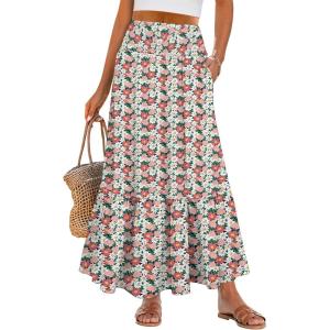 imageANRABESS Womens Boho Maxi Skirts 2025 Summer Casual ALine Flowy Swing Elastic High Waist Tiered Long Skirt with PocketsWhite Pink Floral