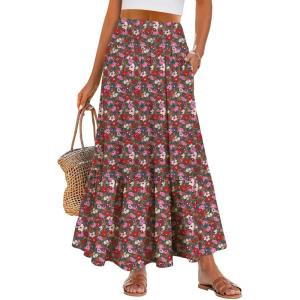 imageANRABESS Womens Boho Maxi Skirts 2025 Summer Casual ALine Flowy Swing Elastic High Waist Tiered Long Skirt with PocketsWhite Red Floral