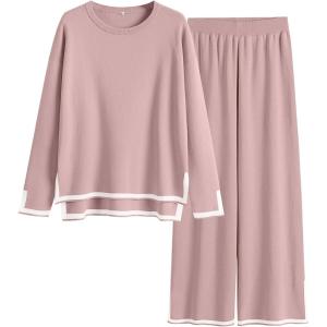 imageANRABESS Womens Two Piece Outfits Knit Pullover Sweater Tops ampamp Wide leg Pants Lounge Matching Sweatsuit Tracksuits SetsPink