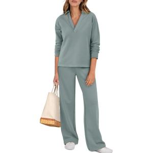 imageANRABESS Lounge Sets for Women 2 Piece Outfits Sweatsuit Set Fall V Neck Sweatshirts Wide Leg Pants Tracksuits Cyan Medium
