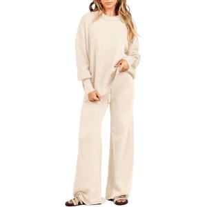 imageANRABESS Women 2 Piece Outfits Oversized Chunky Knit Sweater Top Wide Leg Pants 2024 Fall Lounge Set Trendy Cozy ClothesAprticot